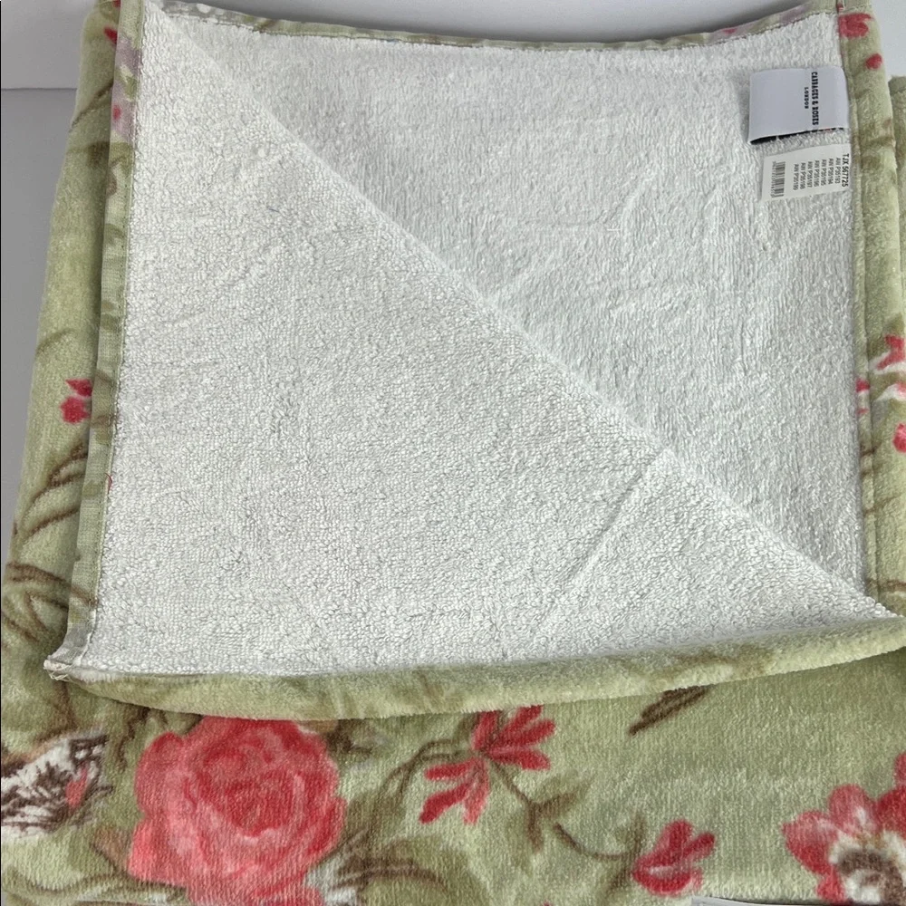 Cabbages & Roses London Bath Towels Green Pink Floral Velour Cotton 2 Pc Set NEW
